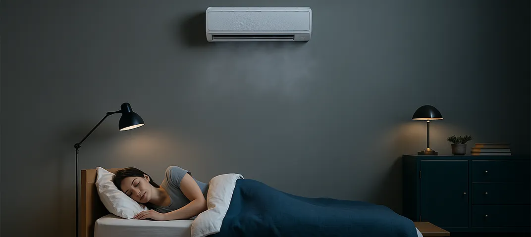 Mulher deitada e ar-condicionado sem vento ligado