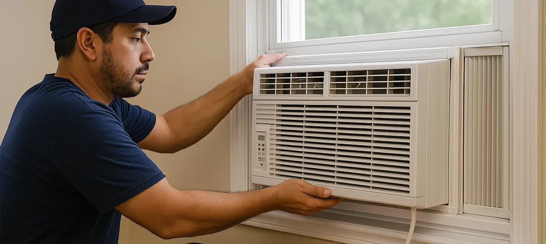 Técnico instalando ar-condicionado janela