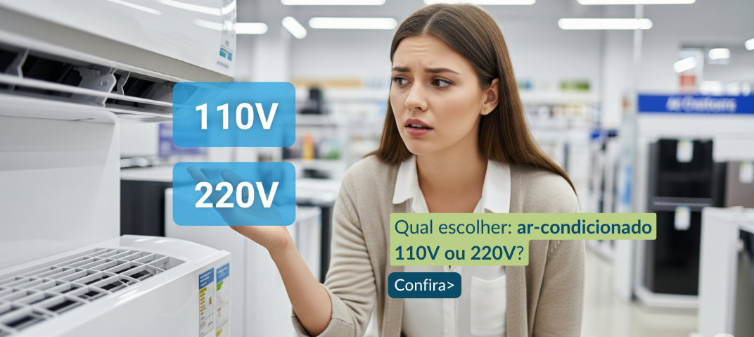 Mulher com dúvida sobre qual ar-condicionado escolher: 110V ou 220V