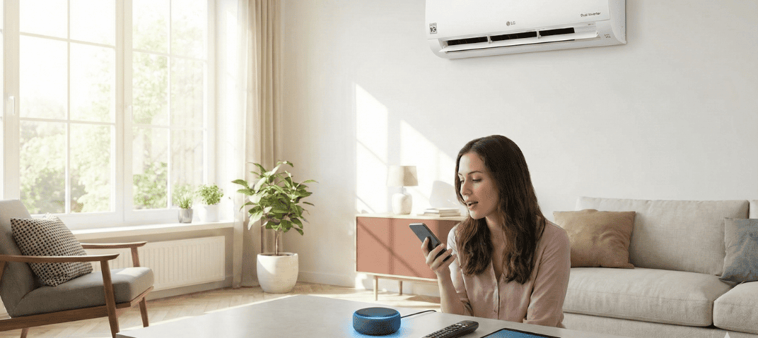 LG Dual Inverter Voice em sala de estar com mulher sentada no sofá