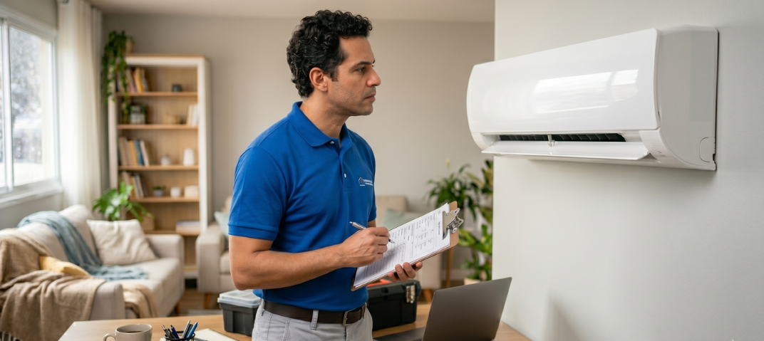 Técnico verificando SEER e EER no ar-condicionado