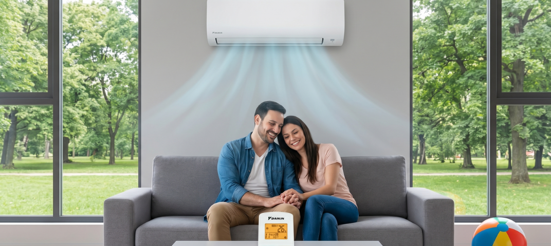 Ar-condicionado em sala de estar e casal no sofá