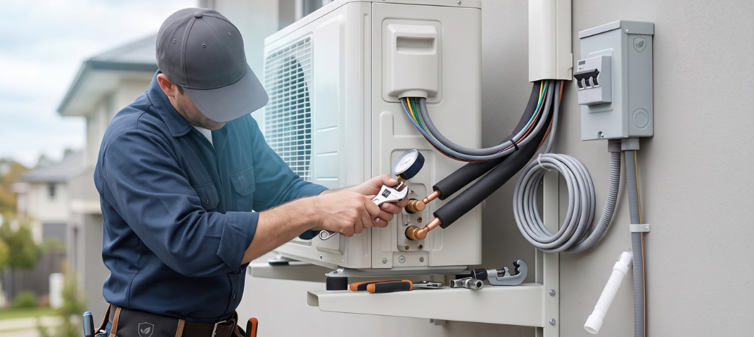 Técnico com kit de instalação ar-condicionado