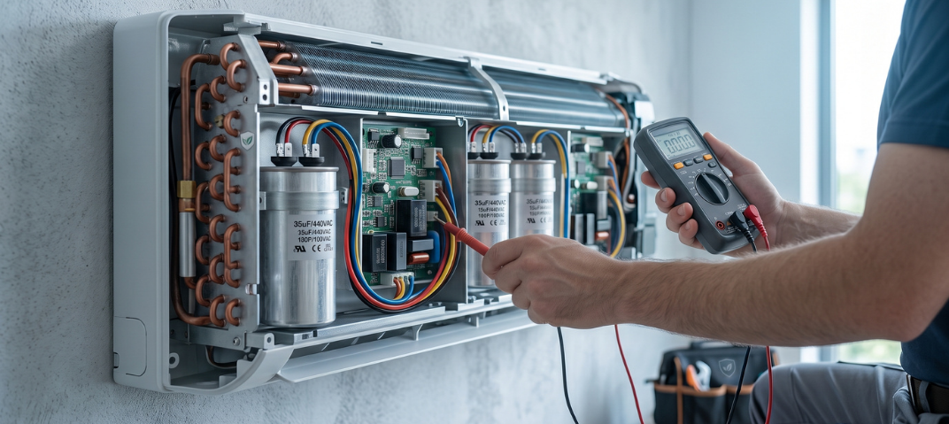 Técnico verificando peças originais ou paralelas no ar-condicionado