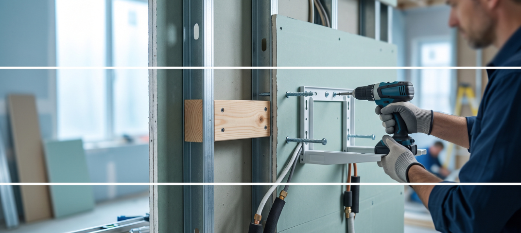 Técnico instalando ar-condicionado em parede drywall